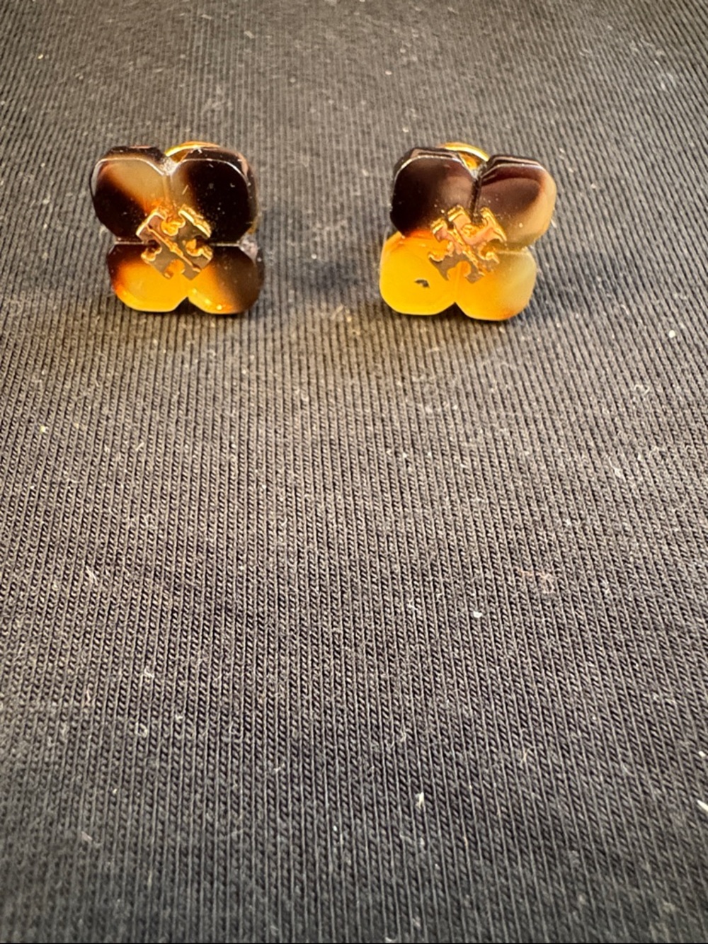 Tory Burch Amber Tortoiseshell Clover Stud Earrings with Gold Logo